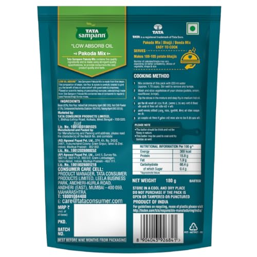 Image of Tata Sampann Low Oil Absorb Pakoda Mix, Ready to Cook Mix, Power of Pulses, Instant Pakoda Batter, 180g
