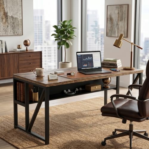 Image of FFO Nexus Executive Director Desk | Office Table | Manager Cabin Work Desk with Modesty Panel & Cable Grommet | Sturdy Metal Frame | Black Top & White Base | DIY 160x80 x75 CM DIY.