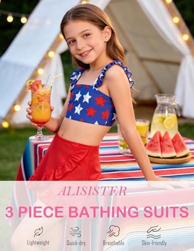 Image of ALISISTER Girls Swimsuit 3 Piece Bathing Suits Summer Bikini Tankini Sets with Cover Up Skirt for 4-12 Years