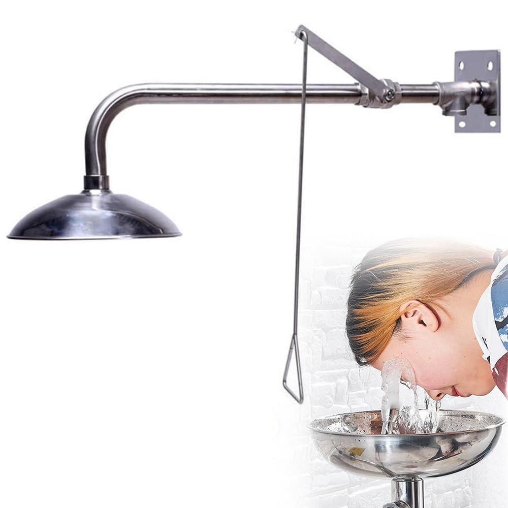 Ducha de emergencia y estación de lavado de ojos, ducha de seguridad montada en la pared para lavado de ojos, cara, cuello, brazos, construcción de acero inoxidable, adecuada para laboratorio y