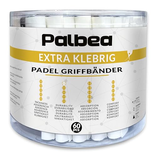 Palbea Padel Griffband - 60er-Pack - Extra Klebrig - Weiß - Hohe Schweißabsorption - Rutschfestes Padel Tennis Overgrip - Weiche Oberfläche - Speziell für Padel-Schläger entwickelt.