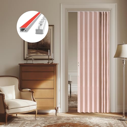 Image of AJAZZ 100% Blackout Accordion Door Invisible Folding Door Accordion Doors Interior Magnetic Door Curtain Front Door Curtains for Glass Window Sets Included Tracks (1Panel, 43W x 80 L, Pink)