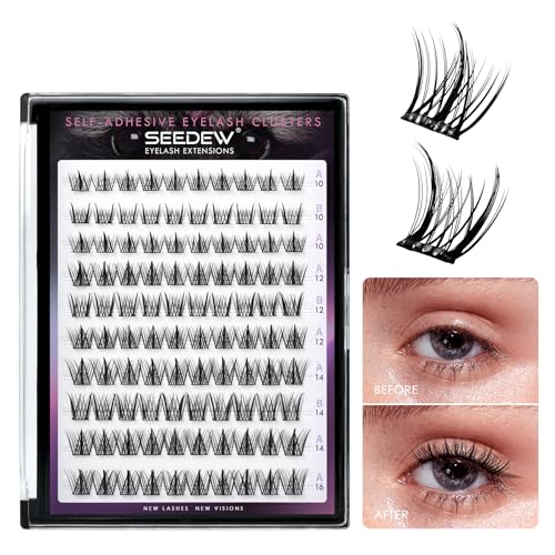 SEEDEW Lash Clusters, 100 Pieces DIY Eyelash Extensions, Individual Cluster Lashes, Super Thin Band, No Glue Needed Resuable Soft Natural Self Adhesive Lashes at Home(ABA-C Curl-MIX10-16mm-Black)