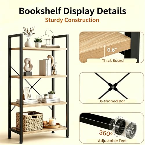 Image of HealSmart 4 Tier Bookshelf, Free Standing Book Shelf Home Office Bookcase Shelf Storage Organizer for Bedroom, Bathroom, Living Room, Office, Balcony, Wood