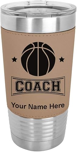 Miniatura 9 de LaserGram Vaso aislado al vacío de 20 onzas entrenador de baloncesto grabado personalizado incluido piel sintética gris