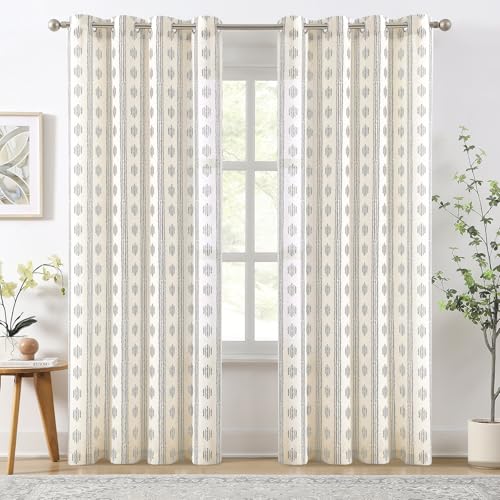 Rideaux semi-transparents rayés lin bohème gris beige 127x243