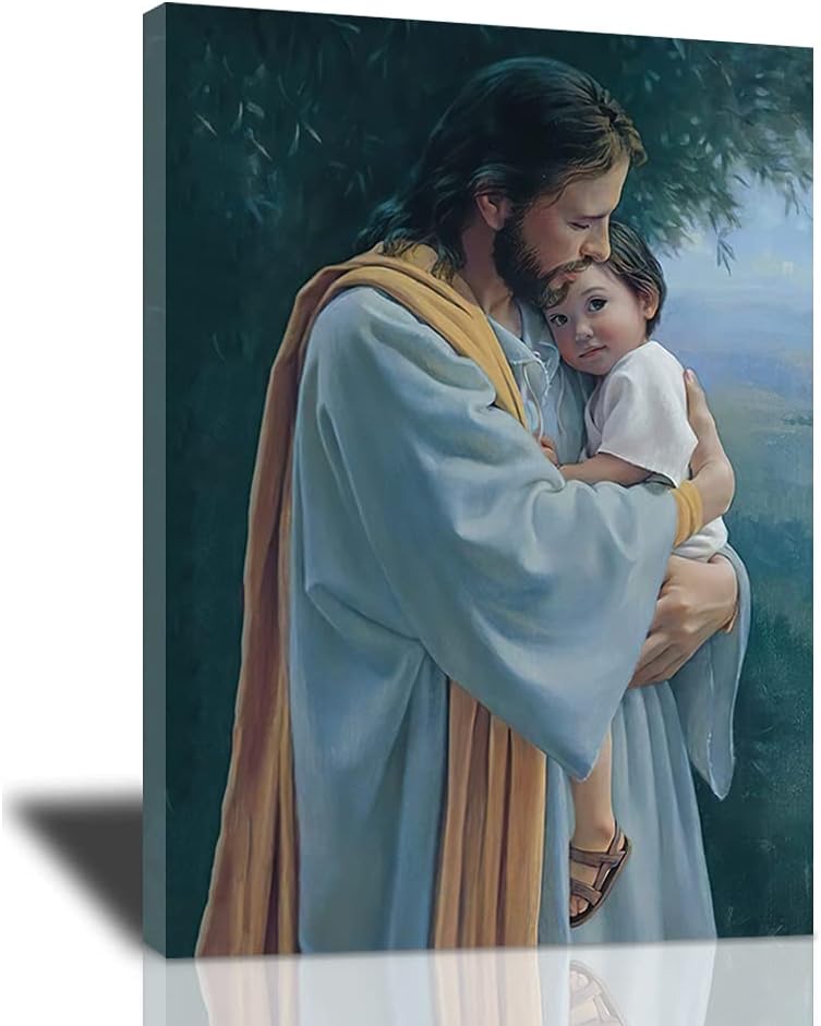 Jesus Christ Hugging Child Framed Canvas Wall Art Religious and Spiritual Art Print Poster Christian Never Leave You Artwork Wall Decor for Living Room Bedroom Office HD Prints for Home Decoration