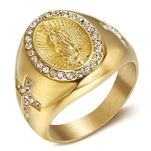 BOBIJOO Jewelry - Bague Chevalière Homme Femme Vierge Marie Sainte Sara Croix Acier 316L Or Doré Plaqué Pleine - 58 (8 US), Doré Or Fin - Acier Inoxydable 316
