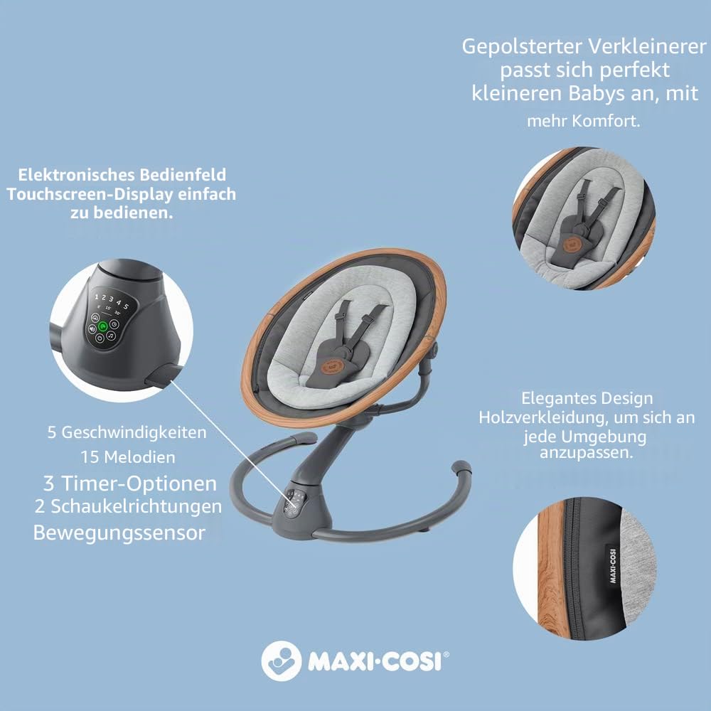 Maxi-Cosi Cassia Babywippe Elektrisch, 0–6 Monate, max. 9 kg, Babyschaukel Elektrisch, 12 Melodien, 360°-Sitzdrehung, automatische Bewegungserkennung, 5 Geschwindigkeiten, Beyond Green