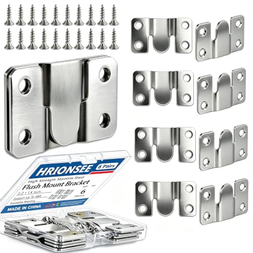 Hrionsee Flush Mount Brackets 6 Pairs Heavy Duty with Screws- 66lb Interlocking Hangers for Picture Frames, Headboard & Furniture, Stainless Steel Seamless Wall Mount Hardware (56x30mm) (Silver) by Hrionsee - Used condition - US$5.86