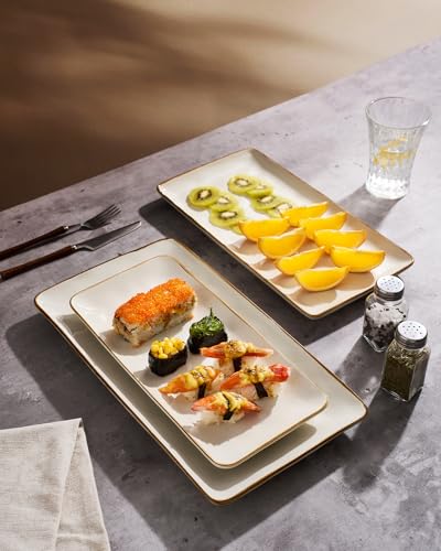 Famiware Serving Platter, Rectangular 15.67/14.1/12.6inch Serving Dishes for Entertaining, Microwave Dishwasher Safe, Stoneware Serving Trays for Party, Turkey, Cheese, Ocean Series, Vanilla White - Image 5