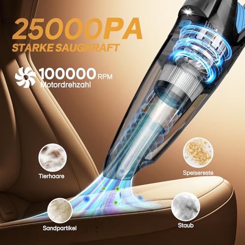 Topipop Handstaubsauger Akku mit 25000Pa Starke Saugkraft,Kabelloser Staubsauger mit HEPA-Filter & Aufsätzen–Leichter Autostaubsauger für Tierhaare,Teppich Haus, Büro, Küche