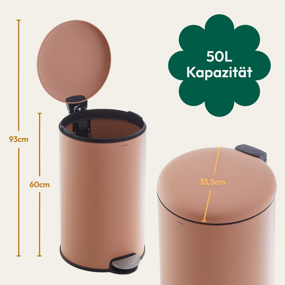 CASABEL runder Küchenabfalleimer 50L, Edelstahl, Terrakotta | Pedalöffnung, Soft-Close, fingerabdruckresistenter Edelstahl, Beutelhaltering, Tragegriff, pflegeleicht