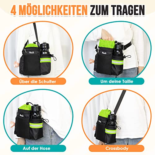 Eyein Leckerlibeutel für Hunde, Futterbeutel Hunde mit Kotbeutelspender und Wasserflaschenhalter, DREI Verwendungsarten-Hunde Leckerlitasche mit Verstellbarer Schultergurt/Gürtel/Gürtelclip, Grün