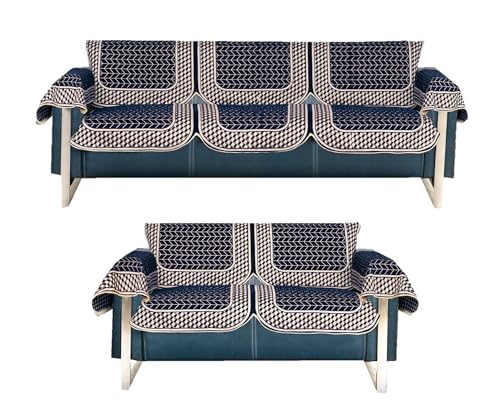 Image of Premium Chenille Woven Anti-Slip 3 Seater + 2 Seater Sofa Cover with Arm Rest | L-Shape Sofa Seat Protector for Living Room | Durable & Stylish Slipcover - Navy Blue - 3D