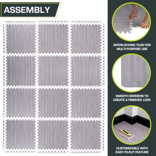 Image of ProsourceFit Wood Grain Puzzle Mat 1 /2-inch, 12 EVA Foam Interlocking Floor Tiles (48 SQ FT) for Secure Indoor Gym Flooring, Office Spaces, Living Rooms, and Play Areas, Slate Grey