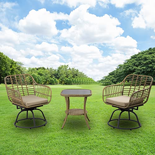 Patioption 3 Pcs Wicker Balcony Bistro Set, 360° Swivel Rocker Patio Chairs Set With Soft Cushions, Tempered Glass Top Table, Patio All-Weather Wicker Furniture Set For Backyard Garden Living Room #TOP7