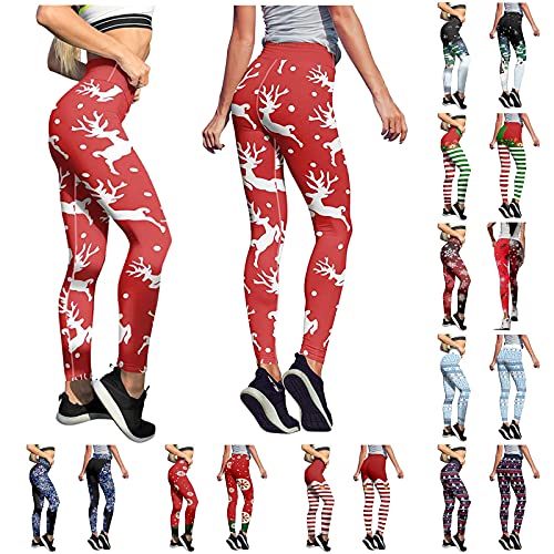 Christmas Custom Santa Claus Snowman Print Party Leggings Skinny Yoga Pants for Women Running Pilates Gym Workout Sport (00 Red, S)