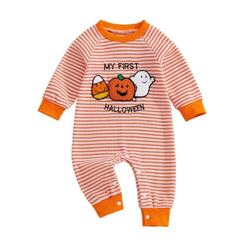 Baby Girl Thanksgiving Day Romper Long Sleeve O Neck Pumpkin Embroidery Striped Jumpsuit