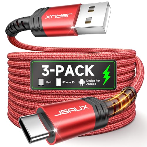 Image of JSAUX USB C Cable [3-Pack 6.6ft], USB A to USB C for iPhone, Samsung, Red | Type C Fast Charging Cord for iPhone 17e, iPhone 17 /16 /15 Series, iPad 10, Samsung Galaxy S20 S10 S10+, LG V30, Car Play