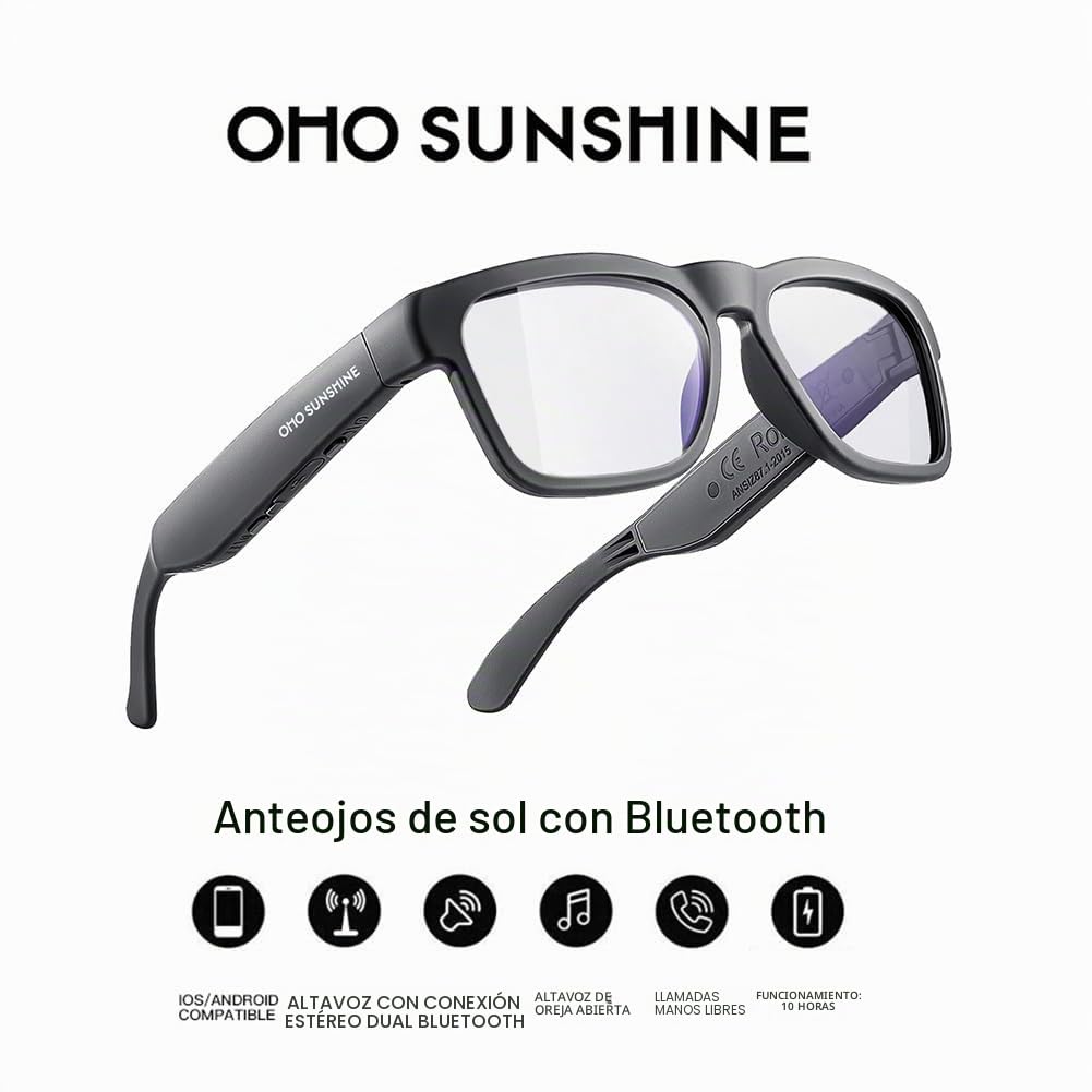 OhO sunshine Gafas de sol con audio Bluetooth, ligeras, de oído abierto, 10 horas de reproducción, resistentes al agua con control de voz