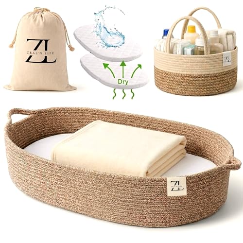 Image of ZEAL'N LIFE Baby Changing Basket 5-in-1 with Blanket, Diaper Basket, Waterproof Changing Mat & Tote Bag, Moses Basket for Newborn, Changing Pad for Dresser, Baby Changing Mat (Brown)