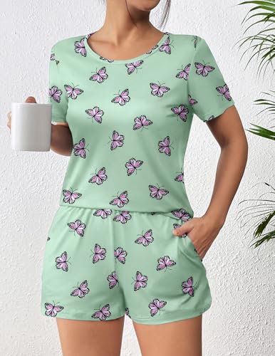 Image of Ekouaer Women's Pajama Sets Short Sleeve Pjs 2 Piece Top and Shorts Sleepwear Comfy Soft Lounge Sets with Pockets