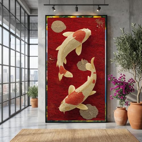 Peinture carpes koï rouge tableau décoration asiatique salon et illustration nature