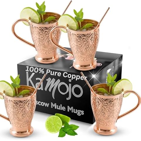 Kamojo Moscow Mule Copper Mugs Set of 4 with Unique Handcrafted Embossed Design with Anti-Tarnish Food-Grade Coating - Copper Cups Gift Set with 4 Straws & Recipe E-Book, 16 oz Cover