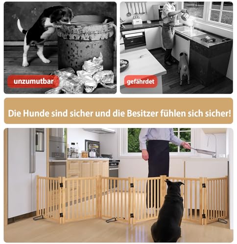 Pshelfy Lackfreies Naturholz-Hundeabsperrgitter, 6-teilig faltbar & 360° drehbar – Sicher als Welpen- und Kinderschutzgitter für Tür, Treppe, Flur (BxH: 351 x 58 cm, Natur, Unbehandelt)