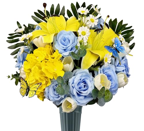 Handmade Cemetery Flower Bouquet with Grave Vase for Tombstone Decoration,Non-bleed Color, Artificial Memorial Flower Arrangement of Rose Lily Daisy and Hydrangea, Blue and Yellow