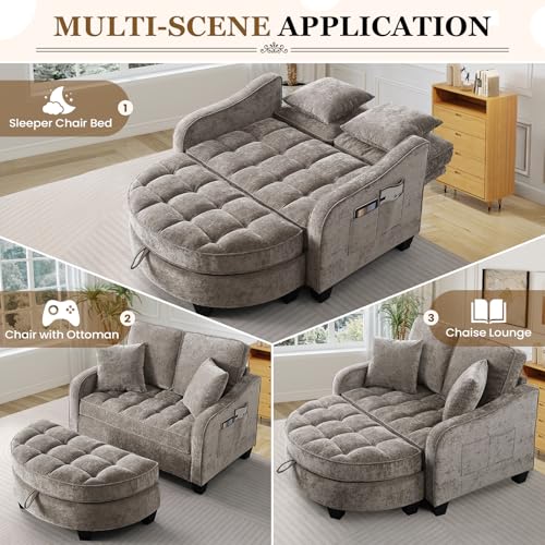 Image of Oversized Chair and A Half, Chenille Tufting Accent Cozy Reading Sofa Chair with Storage Ottoman, Upholstered Loveseat Chaise Lounge Sofa with Adjustable Back for Living Room, Office, Sunroom, Brown