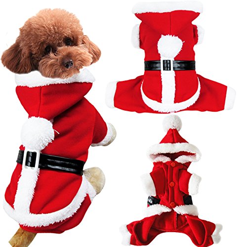 Pet Dog Puppy Kitten Christmas Clothes Santa Claus Costume Fancy Dress Fleece Cold Weather Winter Hooded Sweater Outfit Coat Jacket Apparel for Small Dogs Cats