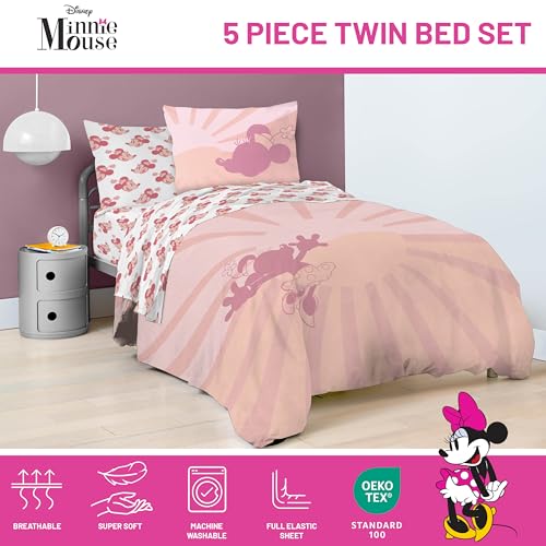 Image of Disney Minnie Mouse Twin Comforter Set 5 Piece Bedding for Girls, Pink | Bed in a Bag, Comforter Sheets Sham Pillowcase, Official Product, Soft Microfiber, Machine Washable, Easy Care, Girls Gift