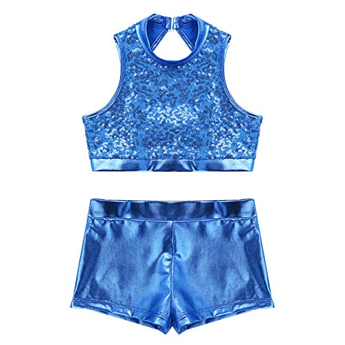 Image of easyforever Kids Girls 2PCS Shiny Mermaid Scales Ballet Dance Outfit Crop Top with Short Tankini Swimsuit