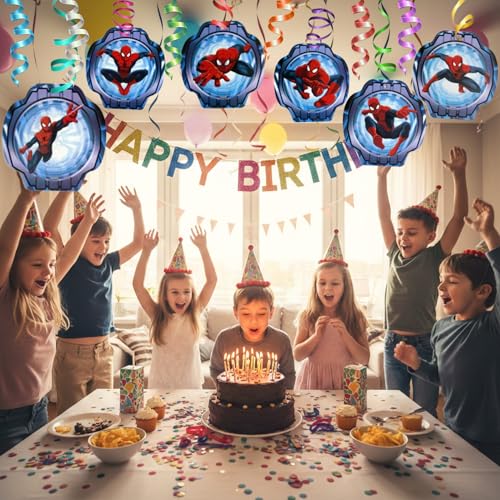 Image of WANNA PARTY Superhero Theme Hanging Swirl Decorations Pack of 12 with 6 Cutouts - Multicolor Ceiling Spiral Party Decor for Boys Birthday Decoration Items
