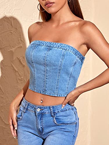 SweatyRocks Women's Casual Slim Fit Tube Denim Top Solid Elastic Trim Pullover Crop Tops4