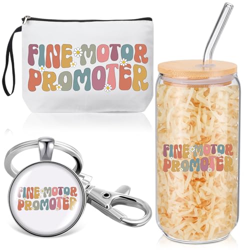 Kacctyen 3 Pcs Occupational Therapy Gift for Women Occupational Therapist Makeup Bag with Keychain 17 oz Fine Motor Promoter Glass Cups with Lids and Straws Therapy Gifts for Therapists OT Women