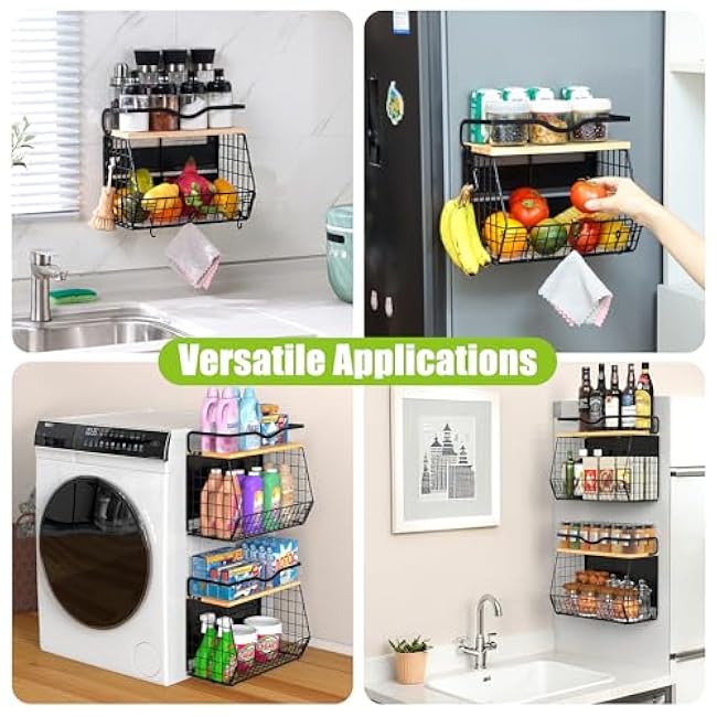 2 Set magnetic refrigerator shelf with Wood Lid, Fruit and vegetable snack storage box,magnetic fridge basket, Large Container magnetic shelf for refrigerator, Kitchen Counter, Cabinet