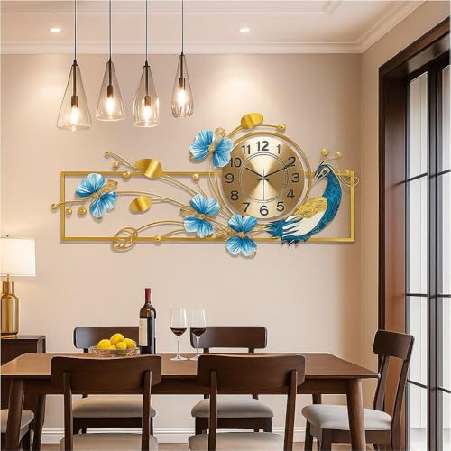 Image of Large Metal Multicolor Peacock Leaf Wall Clock Floral Design Modern Decorative Clock for Living Room, Bedroom, Office, Dining (Size 42x26 Inch)