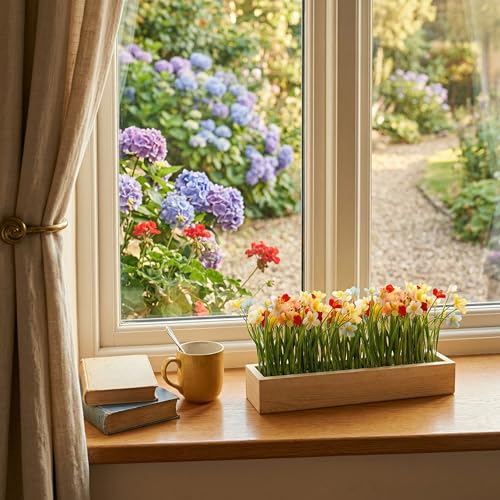 Image of Dekorly Artificial Grass Lily Arrangement with Wooden Planter (24 CM) | Premium Realistic Floral Decor for Table & Living Room | Stylish Indoor Decor for Living Room