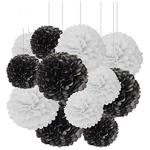 ZooYoo 12pcs Black and White Hanging Tissue Paper Pom Poms Decorations for Party Ceiling Wall Tissue Flowers Decorations - 2 Colors of 12 Inch, 10 Inch Cover