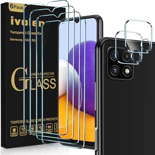 ivoler 4 Piezas Protector de Pantalla Compatible con Samsung Galaxy A22 5G con [2 Piezas] Protector de Lente de Cámara y Marco de Instalación Fácil, Cristal Vidrio Templado Premium