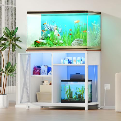 Image of YITAHOME Fish Tank Stand with Power Outlets & LED Light, 40-50 Gallon Metal Aquarium Stand with Cabinet for Fish Tank Accessories Storage for Turtle Tank, Reptile Terrarium, 660LBS Capacity, White