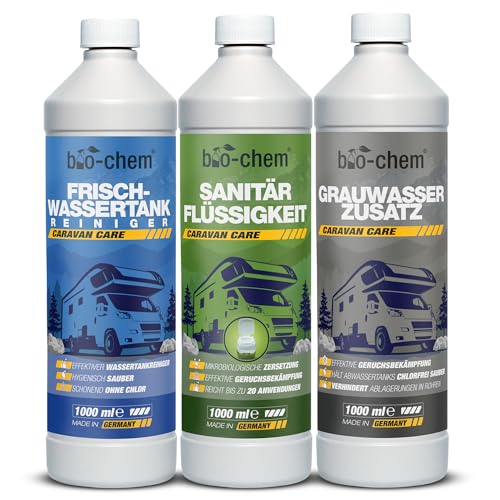bio-chem Camping Hygiene-Zusätze Set 3-teilig: Bio Sanitärflüssigkeit 1l + Frischwassertank-Reiniger 1l + Grauwassertank-Zusatz 1l - Effektive Geruchsbekämpfung & frische Sauberkeit