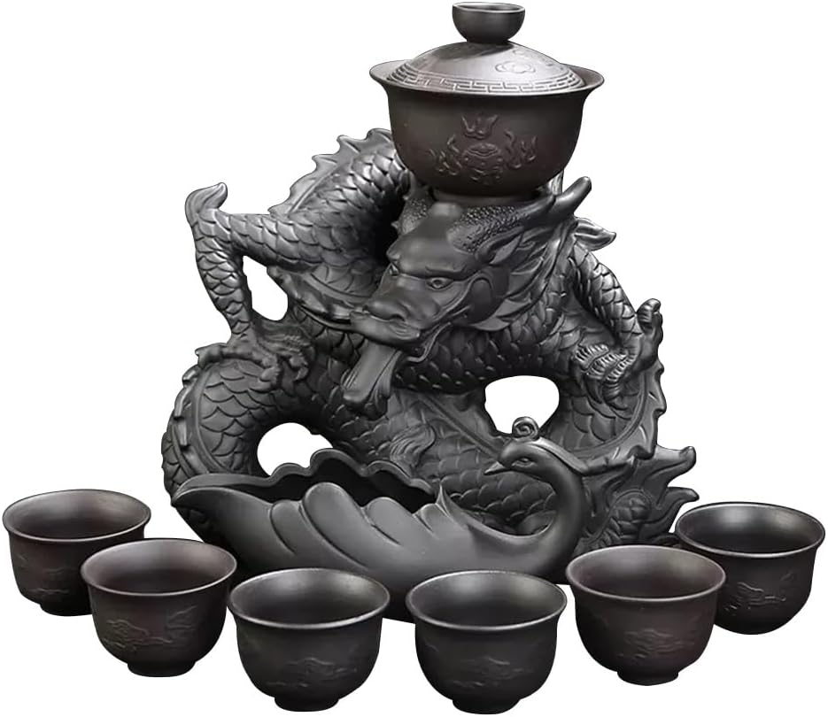 Semi-Automatic Tea Set YoeEoay Dragon Chinese Kungfu Tea Set 9-Piece Vintage Porcelain Traditional Purple Clay Teapot Tea Cup Set Zisha Tea Set Gifts for Men Adults
