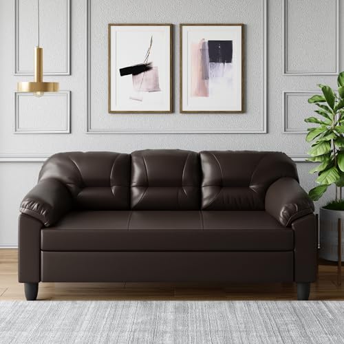 Image of Interio by Godrej Sofa Rejoice 3 Seater Leatherette Sofa for Living Room, 1-Year Warranty, Pinewood, Coffee Brown
