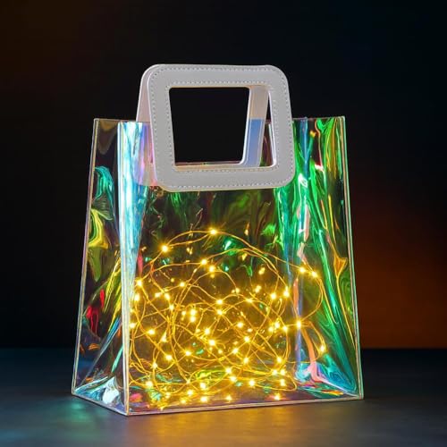 Image of SATYAM KRAFT 48 Pcs Transparent Reusable Leather Goodie Bags | Elegant Gift Bags for Her /Him Wedding Return Favors, Engagement Hampers, Marriage, Birthday & Festival Gifting | Handle Hamper Shopping Carry Bags (Rainbow White Square)