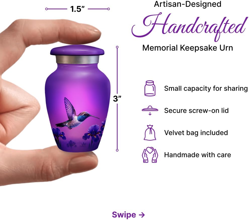 Purple Hummingbird Small Urns for Human Ashes Keepsake – Decorative Cremation Mini Urn for Ashes for Adult Male & Female Set of 4 with Velvet Bag