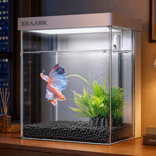 Image of Small Fish Tank Aquarium kit 1.5 Gallon Betta Fish Tank with Silent Water Pump Filter LED Light,Fish Bowl (White)